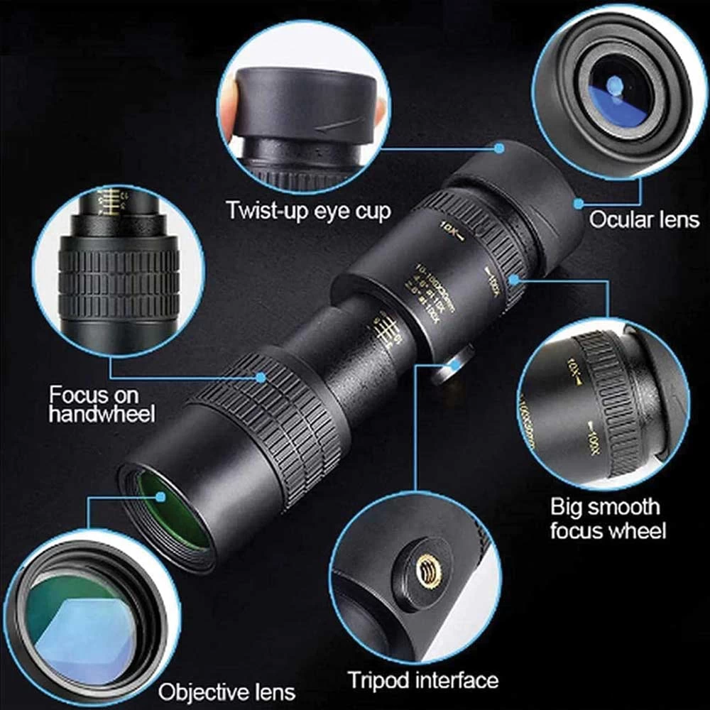SUPER ZOOM TELESCOPE, NIGHT VISION MONOCULAR WITH SMARTPHONE HOLDER AND TRIPOD, POCKET TELESCOPE - ZOOMSHOT